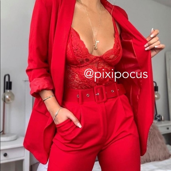 NWT ZARA BELTED HIGH WAISTED PANTS RED - Picture 7 of 16